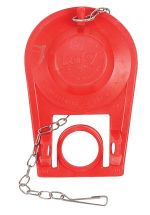 Red plastic whistle with a metal keychain and a small ring attached to it.