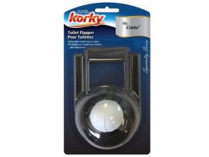 Packaged Korky toilet flapper valve for repair on a retail display card.