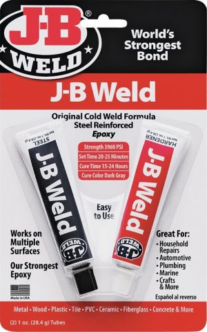 Packaging for J-B Weld steel reinforced epoxy with two tubes and product information.