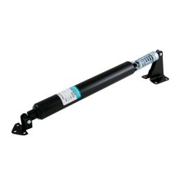 A black pneumatic gas spring with a silver spring and mounting brackets on white background.