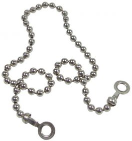 Metal ball chain with a connector link on a white background.