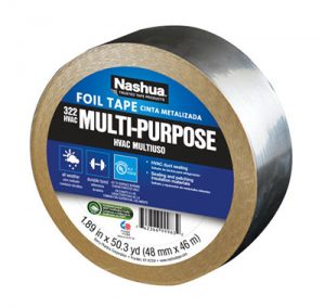 A roll of Nashua multi-purpose aluminum foil tape with HVAC labeling.