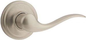 A modern satin nickel door handle on a white background.