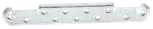 Galvanized flat metal bracket with multiple screw holes for mounting.