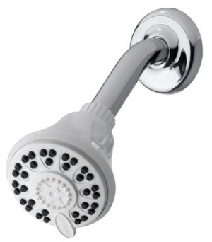 Wall-mounted shower head with chrome finish and multiple nozzles.