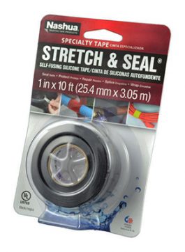 A packaged roll of Nashua Stretch & Seal self-fusing silicone tape on a retail card.