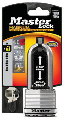 A new Master Lock padlock in packaging, highlighting its stainless steel material and rust resistance.