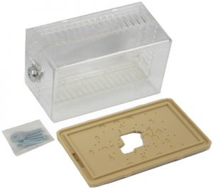 Transparent bread box with a beige lid and mounting screws isolated on a white background.
