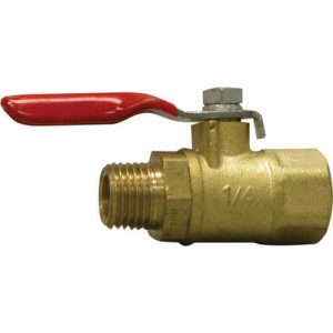 Brass ball valve with a red handle on a white background.