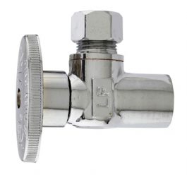 A chrome angle stop valve for plumbing isolated on a white background.