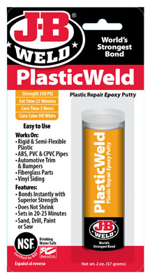 Packaging of JB Weld PlasticWeld, an epoxy putty for plastic repair.