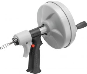 A handheld electric drain cleaner with a white circular attachment on a white background.