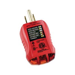 A red GFCI outlet tester with indicator lights and labeling for electrical status.