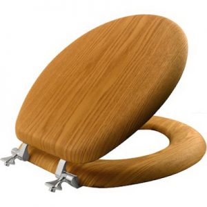 Wooden toilet seat with metal hinges on a white background.