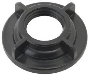 A black plastic knob with a central hole and grip ridges on the edge.