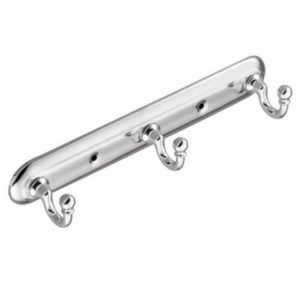 Polished silver bathroom grab bar with intricate detailing on white background.
