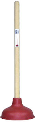 Red plunger with a long wooden handle isolated on a white background.