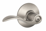 Satin nickel door handle with a curved lever design, isolated on a white background.