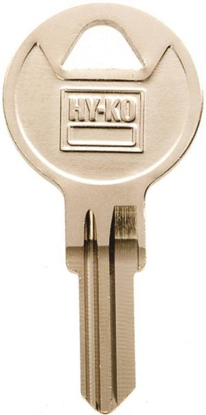 A brass key with the inscription "HY-KO" on its head displayed against a white background.
