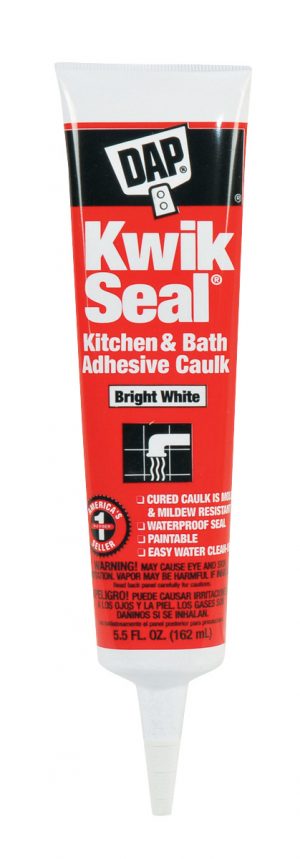 A tube of DAP Kwik Seal Kitchen & Bath Adhesive Caulk in Bright White.