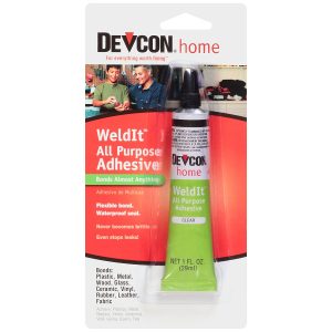 Package of Devcon Home WeldIt All-Purpose Adhesive on a store shelf.