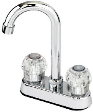 Chrome twin-handle kitchen faucet with clear acrylic knobs on a white background.