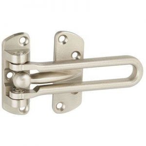A stainless steel door security latch on a white background.