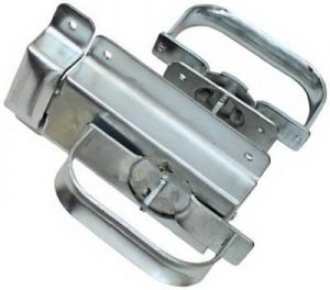A shiny metal ratchet strap tightener isolated on a white background.