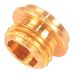 Gold-colored threaded insert for machinery on a white background.