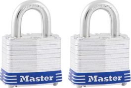 Two silver padlocks with blue branding on a white background.