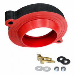 A red throttle body spacer with mounting hardware including bolts, washers, and nuts.