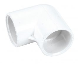 White PVC pipe elbow fitting on a white background.