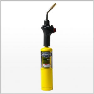 Handheld propane torch with black handle and yellow cylinder on white background.