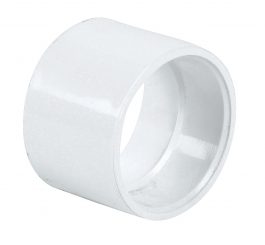 White PVC pipe coupling on a blank background.