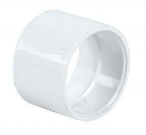 White PVC pipe connector on a plain background.