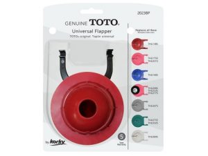Packaged red universal toilet flapper by Korky for TOTO toilets on a white background.