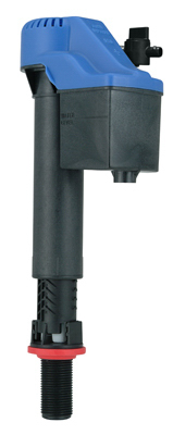 A vertical, isolated image of a modern, blue and black plastic electric drill on a white background.