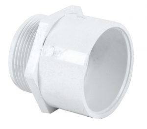 A white PVC male adapter fitting for plumbing installations.