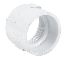 White PVC female threaded pipe connector on a white background.