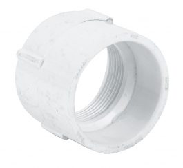 White PVC female threaded coupling isolated on a white background.