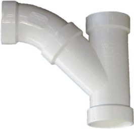 White PVC pipe fitting with a 90-degree elbow and a T-junction.