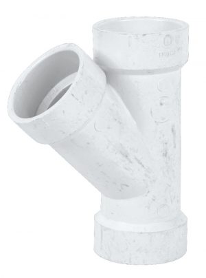 White PVC pipe fitting with two angled connections on a white background.