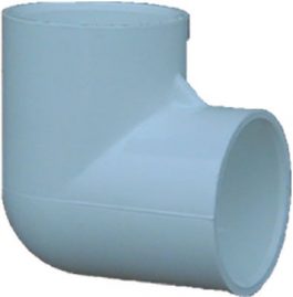 PVC pipe elbow joint on a white background.