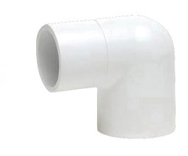 White PVC pipe elbow fitting on a plain background.