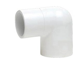 White PVC pipe elbow joint on a plain background.