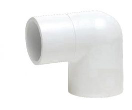 A white PVC elbow pipe fitting on a plain background.