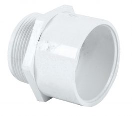 White PVC male adapter for plumbing on a plain background.