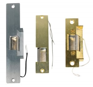 Three electric door strikes on white background, showing different finishes and wiring.