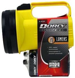 A yellow and black Dorcy LED lantern with 70 lumens label on white background.