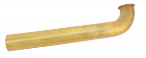 An isolated brass pipe with a curved end on a white background.